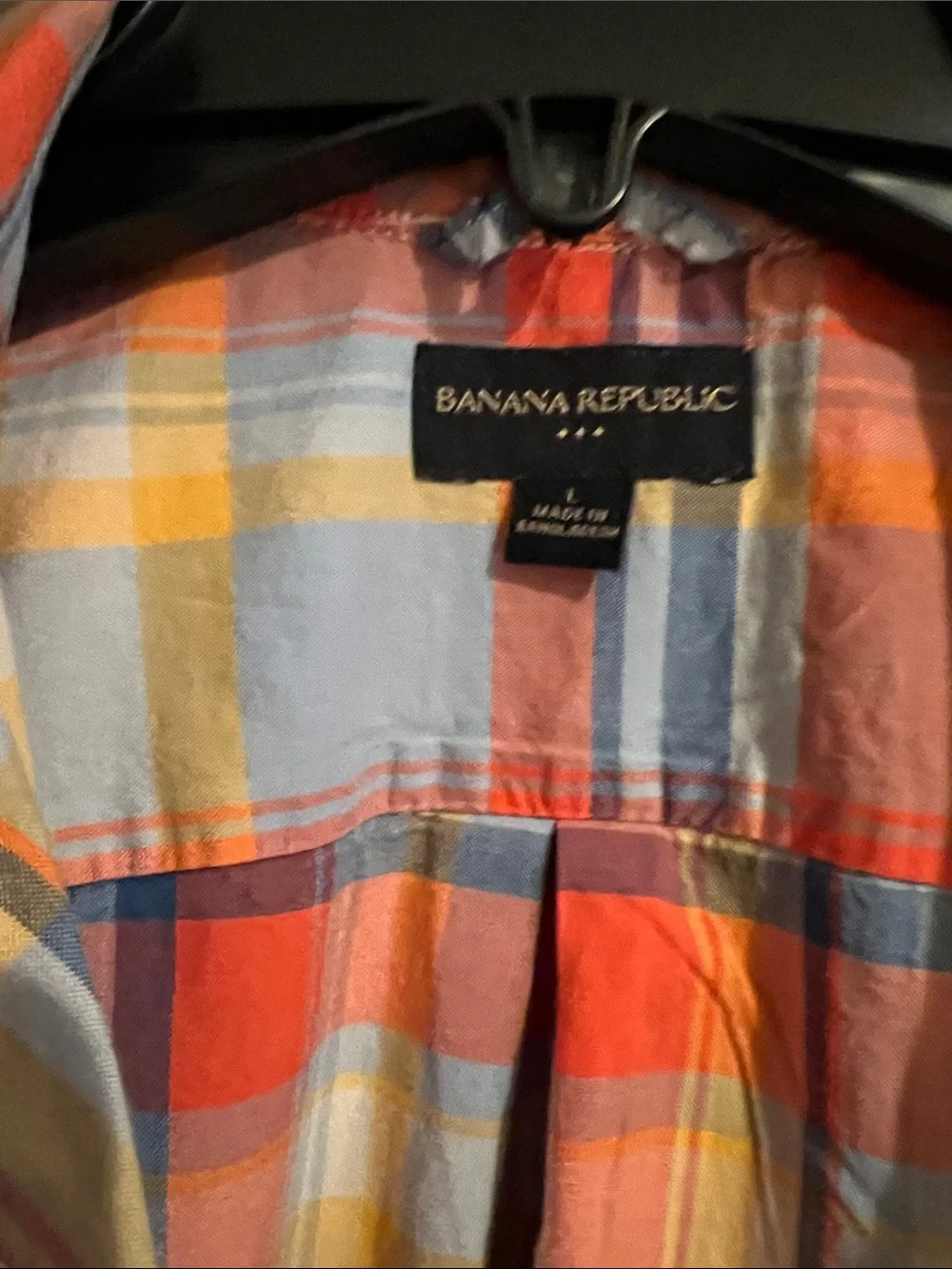 Banana Republic Short-Sleeve Plaid Button-Up Shirt — Orange, Blue & Yellow Sz L